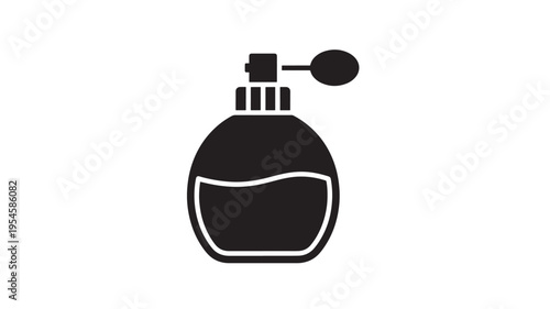 Perfume bottle icon with a spherical atomizer and liquid inside, representing fragrance and beauty. featuring cosmetic, scent, vintage with retro and