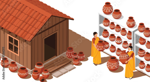 Traditional village pottery workshop scene with artisans arranging decorated clay pots near rustic house and display shelves illustration for marketplace