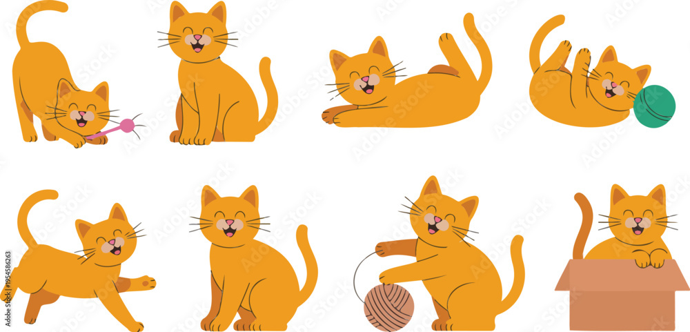Fototapeta premium Cute orange kitten character set with various poses playing with ball yarn and box in kawaii cartoon flat vector style.