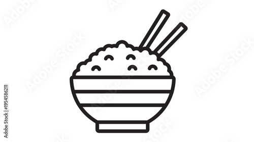 Bowl of rice with chopsticks icon, simple black and white illustration of Asian cuisine staple, symbolizing food and culture.