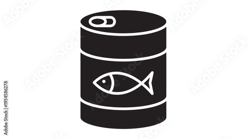 Can of fish food icon with a simple outline of a fish on a black cylindrical container with a pull-tab opener