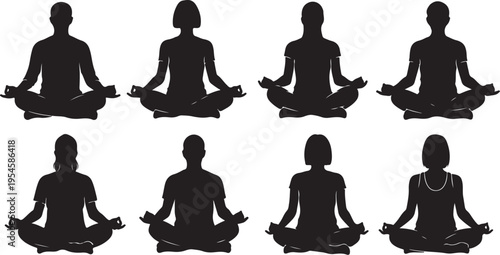 Silhouettes of people meditating in various yoga poses together