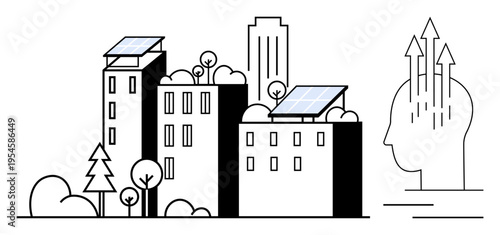 Sustainable development. Urban buildings with solar panels reflect sustainable development. Head with growth arrows promotes sustainable solutions. For education, environment, innovation, technology