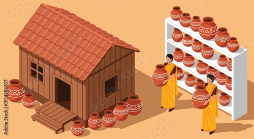 Traditional village pottery workshop with clay pots rural hut artisans arranging earthenware jars on shelves handmade craft culture illustration scene