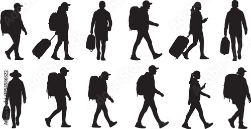 Silhouettes of travelers walking with luggage and backpacks abroad
