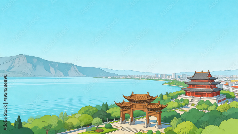 Obraz premium Traditional Chinese Arch and Pavilion by Lake