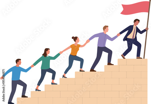 Business team helping each other climb stone stairs toward success with leader holding flag flat vector illustration.