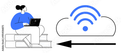 Cloud technology. Woman working online with cloud network symbol. Cloud technology is essential for remote work and connectivity. Perfect for education, remote work, cloud storage, digital