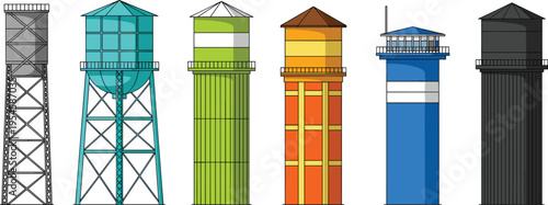 Water tower storage tank structures collection showing elevated municipal water supply towers industrial infrastructure architecture vector illustration set
