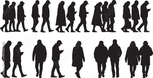 Silhouettes of people walking in various groups and pairs