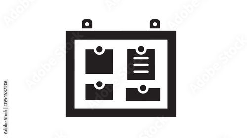 Bulletin board with four pinned notes, featuring a minimalist black and white graphic design for office or school use.