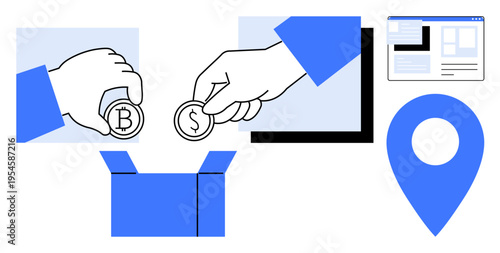 Cryptocurrency, fintech, e-commerce, online giving, digital finance, and global transactions. Hands exchanging coins, a box website elements and a location icon . Cryptocurrency and fintech concept