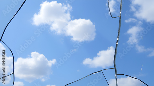 A shattered glass pane reveals a vivid blue sky with puffy clouds
