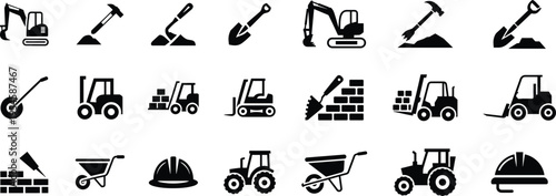 Heavy construction machinery and masonry equipment black solid icons for building sites and engineering projects