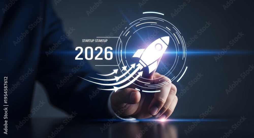 Fototapeta premium Businessman Hand Touching Futuristic 2026 Finance and Technology Growth Interface, Digital Analytics Concept
