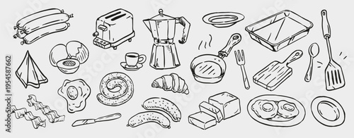 Hand Drawn Breakfast Cooking Doodle Set with Eggs, Sausage, Coffee Maker, Toaster, Frying Pan and Kitchen Utensils, Morning Food Preparation Sketch Collection.