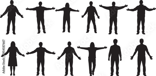 Silhouettes of people standing with arms outstretched in various poses