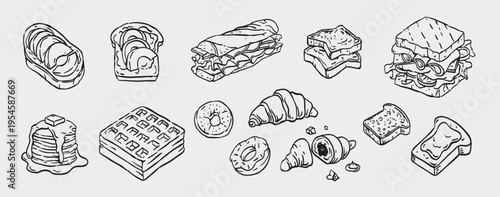 Hand Drawn Bakery Breakfast Doodle Set with Sandwiches, Bread, Croissants, Donuts, Waffles and Sweet Food, Morning Snack Sketch Collection.