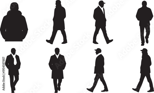 Silhouettes of business people walking and standing in various poses