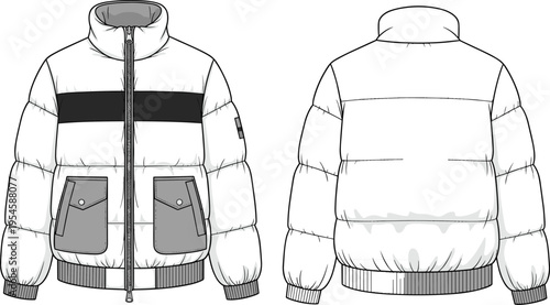 White puffer jacket with chest stripe and flap pockets front and back technical fashion illustration winter outerwear vector