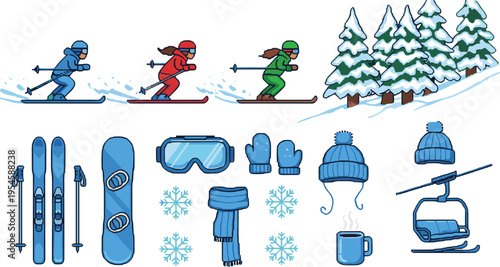 Winter skiing sport elements set with skiers equipment snow trees chairlift goggles gloves scarf vector illustration collection