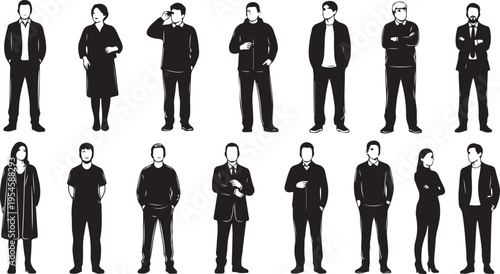 Business people in various poses and formal attire standing
