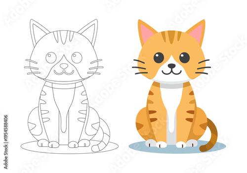 可愛い茶トラ猫のイラストセット：カラー版とぬりえ用線画、子供向けベクター素材