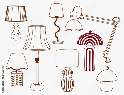 A set of interior lamps drawn in doodle style.
