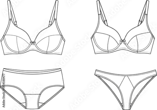 Women lingerie set outline including bra and panties fashion underwear technical drawing apparel design vector illustration collection