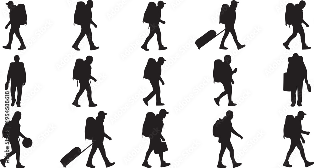 Fototapeta premium Silhouettes of people walking with luggage in various poses