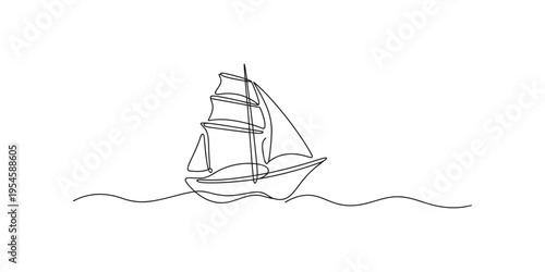 Continuous line drawing of a sailboat on wavy water boat sailing sea