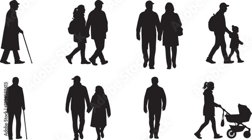 Silhouettes of people walking and family in various poses