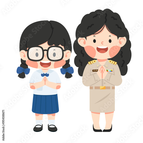 Girl Student and Woman Teacher Thai Wai Greeting