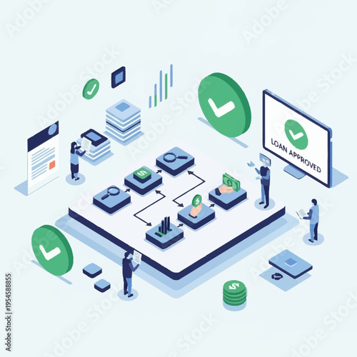 Isometric illustration of a loan approval process, showing data analysis and financial transactions.