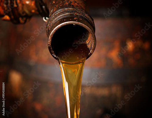 tubería oxidada vertiendo aceite combustible industrial, concepto de industria energética, contaminación ambiental, impacto ecológico, crisis y explotación de recursos naturales