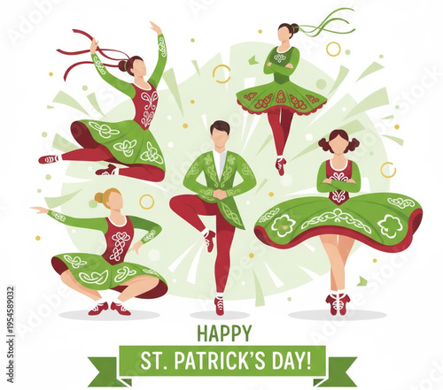 Joyful group of Irish folk dancers in traditional vibrant costumes, celebrating a lively cultural festival with energetic movements and artistic flair