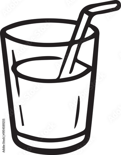 Black-and-white hand-drawn line doodle of a milkshake in a transparent glass with a straw. Minimal dessert drink illustration for food, café, summer, kids, and packaging design.