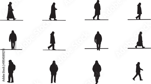 Silhouettes of people walking in various poses and directions
