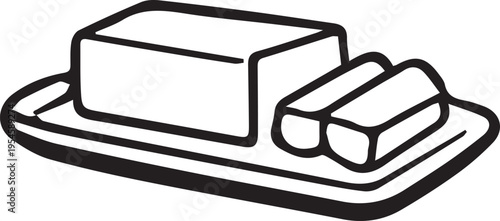 Black-and-white hand-drawn line doodle of butter on a rectangular plate. Minimal dairy illustration for breakfast, cooking, grocery, farm products, packaging and food design