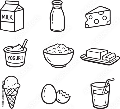 Black-and-white hand-drawn doodle set of food items: milk in a carton, bottle, triangle of cheese, ice cream, milkshake, egg, cottage cheese in a bowl, butter on a plate, yogurt in a jar. Perfect for 