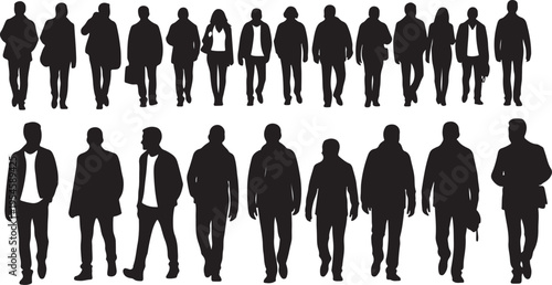 Silhouettes of people walking in various business attire styles