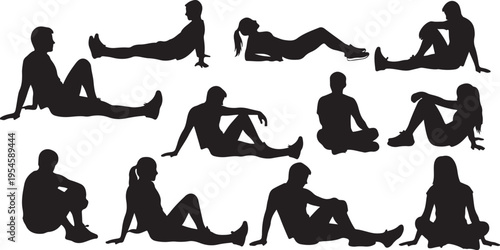 Silhouettes of people sitting and lying in various poses