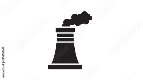 Factory chimney icon emitting smoke, representing industrial pollution and environmental concerns featuring power plant, silhouette, emission with