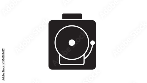 Bell alarm warning siren with circular gong and clapper in black icon design symbolizing emergency alerts and safety.