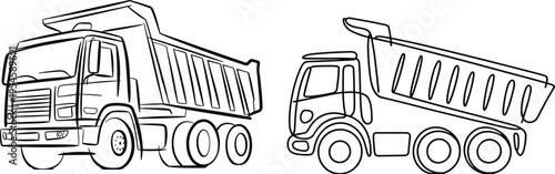 Construction dump trucks in outline style, one loaded and one empty