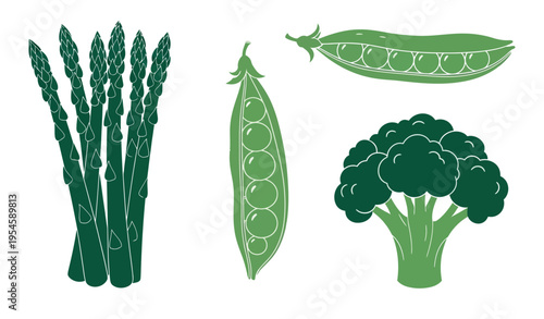Green Vegetable Illustration Set - Fresh Asparagus, Broccoli, and Green Pea Pods - Flat Vector Icons for Organic Food, Healthy Eating, and Culinary Design - Isolated on White Background
