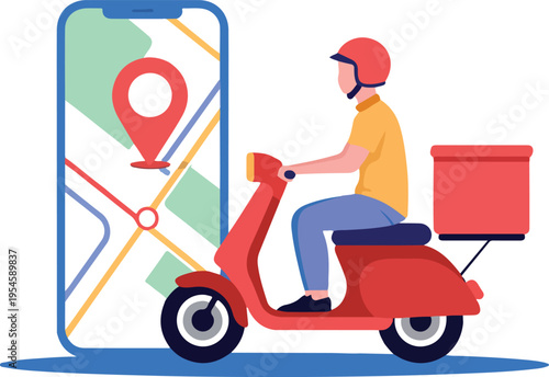 Online food and parcel delivery service concept with courier man riding red motor scooter and smartphone app map location tracking flat vector illustration.