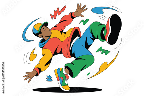 Breakdancer performing dynamic acrobatic move midair with colorful abstract shapes indicating motion