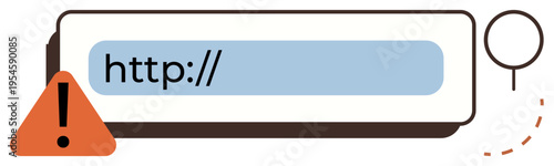 Cybersecurity, internet safety, phishing, online scams, error warnings, and technology risks. A browser URL bar with a warning icon and magnifying glass. Cybersecurity and internet safety concept