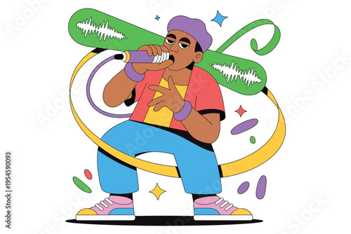 Energetic rapper performing with microphone, surrounded by sound waves, stars, and abstract shapes, vibrant musical performance